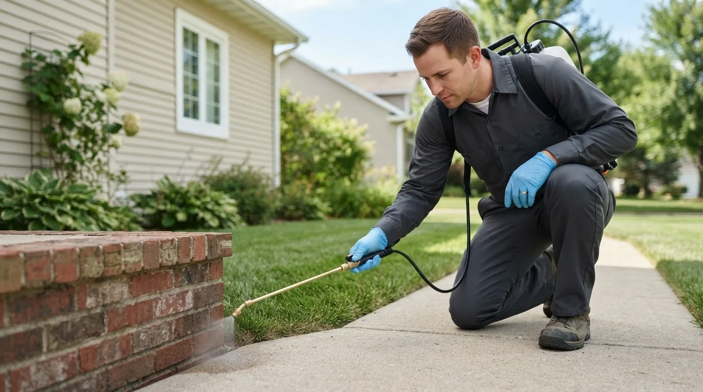 Pest control technician treating a home near Cumby, TX