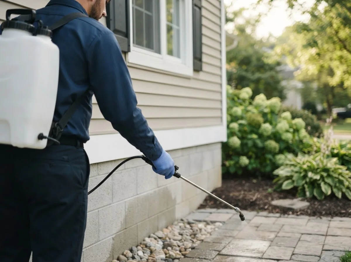 Pest control technician inspecting a home in Cumby, TX